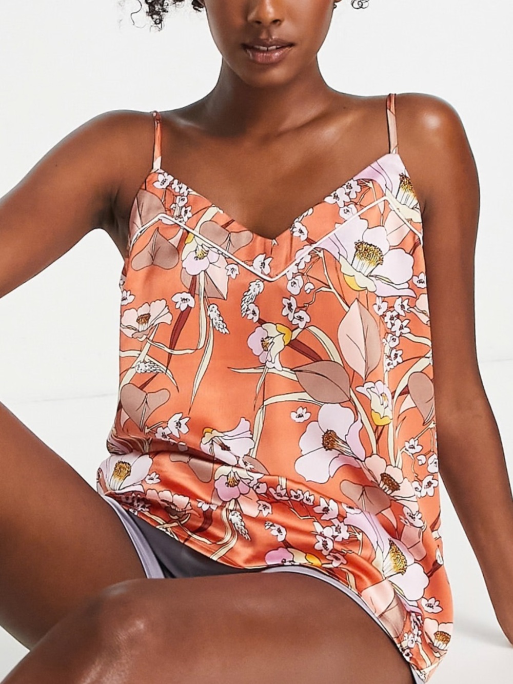 River Island floral satin pyjama cami in orange